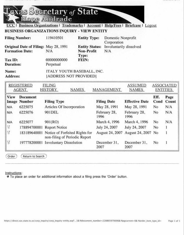 Image: Italy Youth Baseball record — Record showing the incorporation of the Italy Youth Baseball, Inc. in 1991 as well as it’s dissolution at the very end of last year.