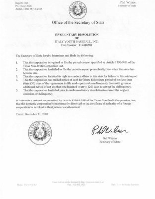 Image: Dissolution memo — Memo dated December 31, 2007 dissolving the Italy Youth Baseball, Inc. registration.