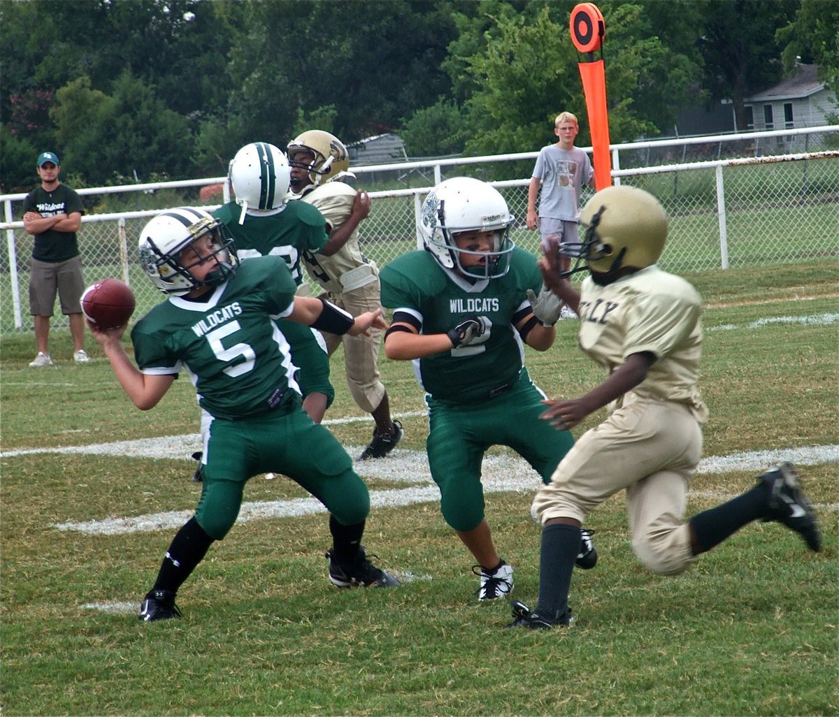 Image: Incoming! — Italy’s IYAA Minors’ defense pressures the Wildcat quarterback.