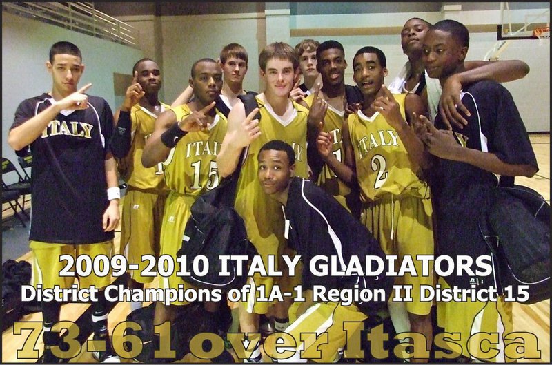 Image: 2010 Italy Gladiators, District Champions…how sweet it sounds! — Congratulations to the Italy Gladiators who have accomplished Goal #1, winning the 1A-1 Region II District 15 District Championship! Back row: Oscar Gonzalez, Jasenio Anderson, Jase Holden, Colton Campbell, John Isaac, Larry Mayberry. Middle Row: Desmond Anderson, Ryan Ashcraft, Heath Clemons, Aaron Thomas. Front Row: De’Andre Sephus.
