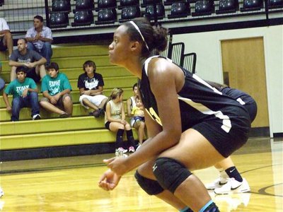 Image: Brianna on “D” — Brianna Burkhalter stays low while awaiting a serve from Rice.