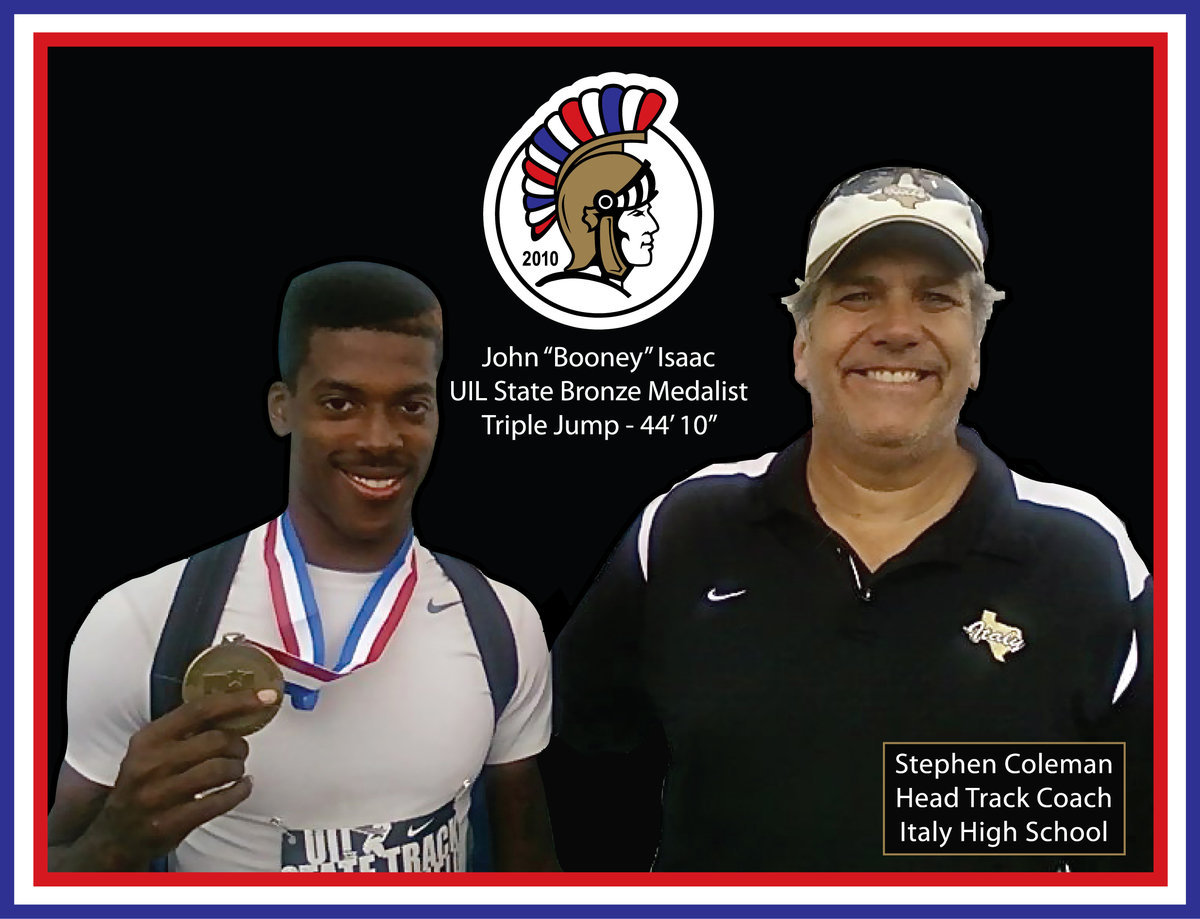 Image: John Isaac wins a UIL State bronze medal in the triple jump — Italy’s John “Booney” Isaac displays his UIL State bronze medal that he won by posting a triple jump of 44 feet, 10 inches in Austin on Friday to finish in third place. Italy High School head track coach Stephen Coleman displays a proud smile.