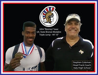 Image: John Isaac wins a UIL State bronze medal in the triple jump — Italy’s John “Booney” Isaac displays his UIL State bronze medal that he won by posting a triple jump of 44 feet, 10 inches in Austin on Friday to finish in third place. Italy High School head track coach Stephen Coleman displays a proud smile.
