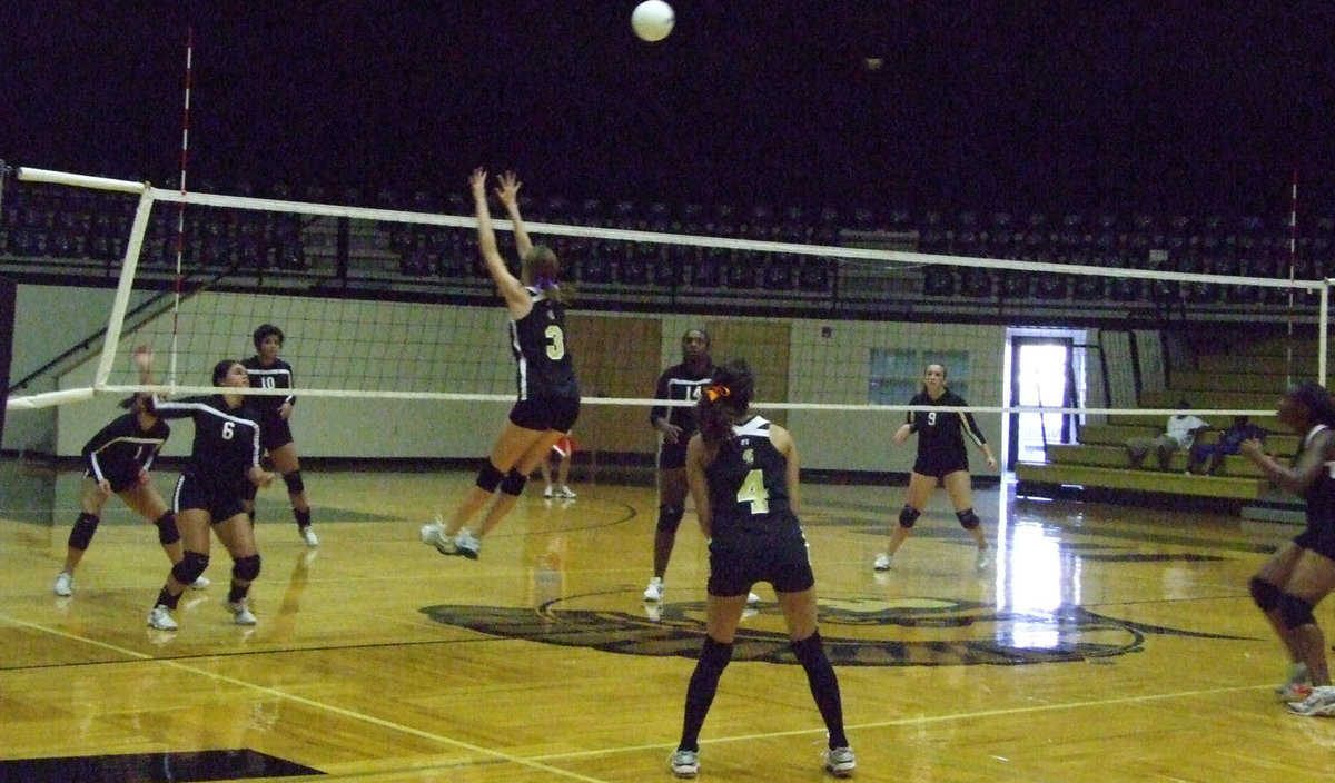 Image: The first win — Lady Gladiator volleyball pre-season has begun and the future looks good.  Kaitlyn Rossa takes care of the front line on Tuesday night.