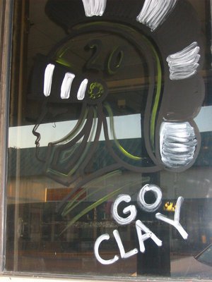 Image: The Uptown Cafe — Barry honored #20 Clay Major on the windows at the Uptown Cafe. Clay’s grandmother, Doris Mitchell, owns the cafe. The Gladiators love her spaghetti!