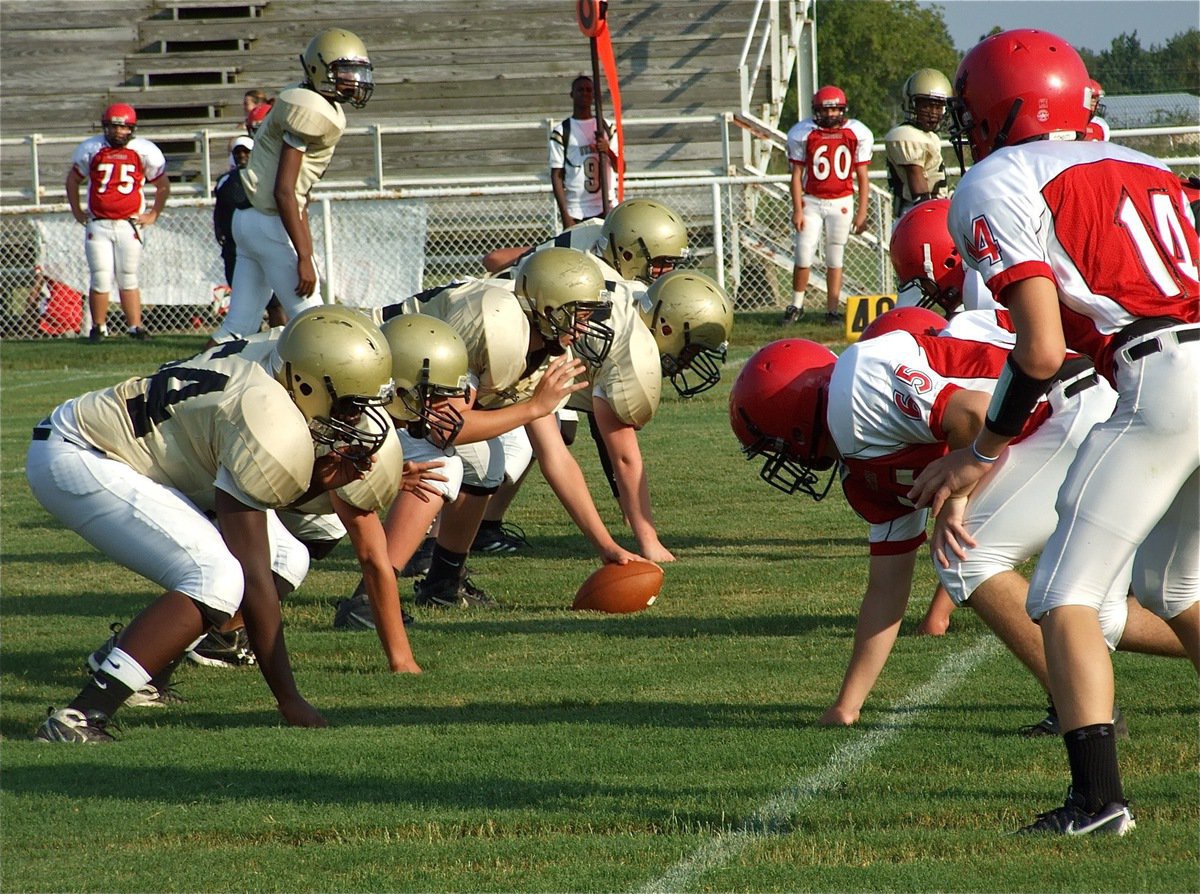 Image: On the line — Italy’s JV offensive linemen are RT-Adrian Reed(64), RG-Cody Medrano(75), C-Bailey Walton(52), LG-Jake Escamilla(66) and LT-Zackery Boykin(55).