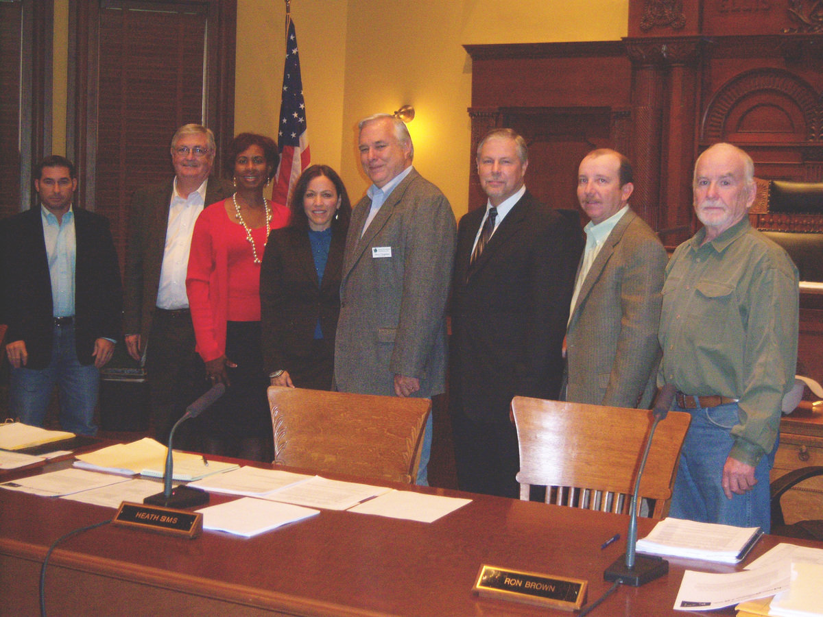 Image: Red Ribbon Campaign Week Proclaimed — From left to right, Commissioner Dennis Robinson, pct 1; Commissioner Bill Dodson, pct. 2; Mavis Lloyd; County Judge Carol Bush; Jerry Chapman; Larry Wilson; Commissioner Heath Sims, pct. 3; Commissioner Ron Brown, pct. 4