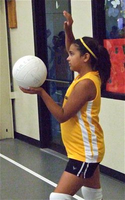Image: Ashlyn gets set — Ashlyn Jacinto prepares to take a practice serve during the YMCA hosted volleyball tournament.