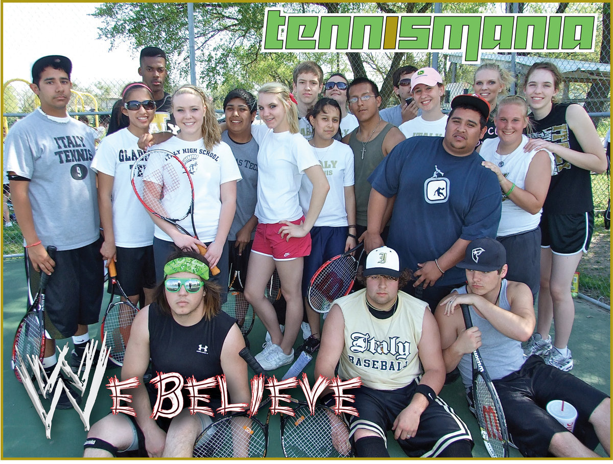 Image: Let’s Get Ready To Rumble! — The Italy Tennis Team superstars and court divas are: Top row: Michael Martinez, John Isaac, Collin Westbrook, Kaytlyn Bales, Bryan Michael, Lisa Olschewsky, Megan Hopkins and Melissa Smithey Middle row: Jessica Hernandez, Shelbi Gilley, Cruz Enriquez, Sierra Harris, Delma Garcia, Jacob Lopez, Francisco “Cisco” Perez and Drenda Burk Bottom row: Zachary Hernandez, Ivan Roldan and Jonathan Nash.