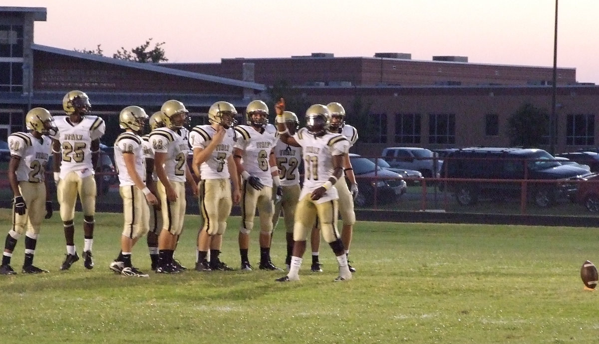 Image: Ready for the kickoff — Place kicker Jasenio Anderson(11) signals the referees that the Gladiators are ready to boot the ball.