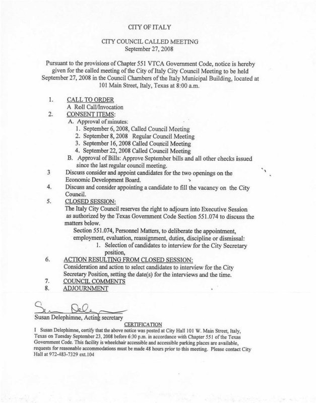 Image: Agenda for meeting 9/27/2008 — Agenda for the called Italy city council meeting held Saturday, September 27, at 8:00 a.m.