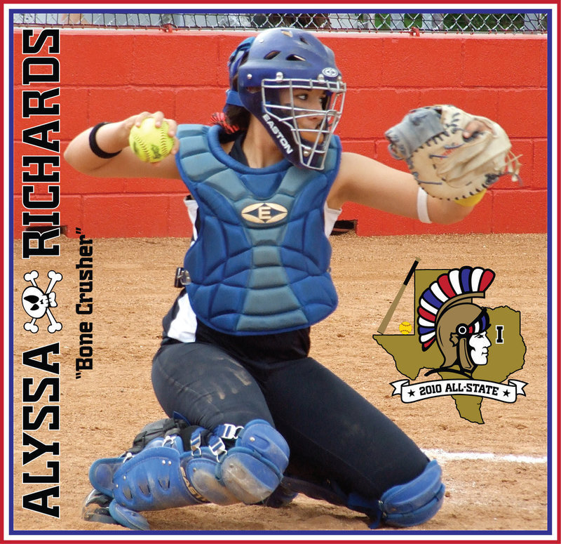 Image: Alyssa Richards named 2nd Team All-State Catcher in 1A — As a Freshman, Alyssa Richards was named to the Texas Sports Writers Association (TXSWA) Collin Street Bakery 2010 All-State 1A Softball Team as a 2nd Team All-State catcher. A few years back, a runner slid home and broke her leg after colliding with Richards, earning Richards the nickname, “Bone Crusher.”