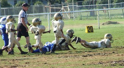 Image: Holden recovers — Holden Schrotke dives on a fumble for the IYAA C-team Gladiators.