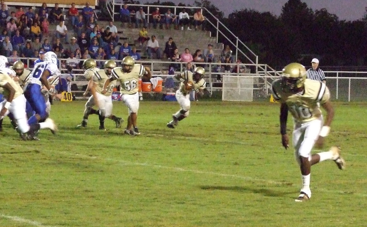 Image: Frost got burned 48-7 during Italy’s Homecoming game. — Jasenio Anderson(11) rolls out as John Isaac(10) heads down field for the pass. Italy senior John Isaac had 4 touchdown catches on the night.