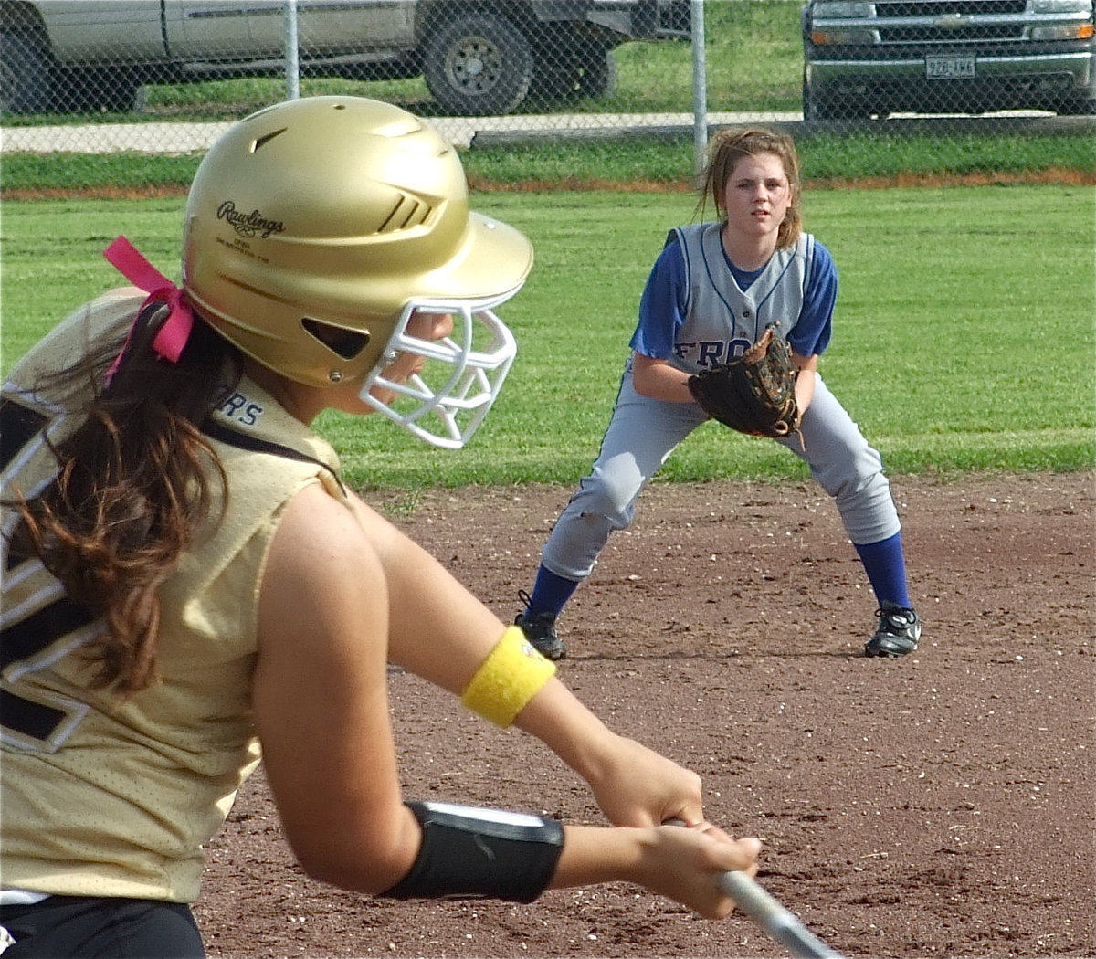 Image: Power at the plate — Alyssa Richards smashes a shot thru the Bear’s defense.