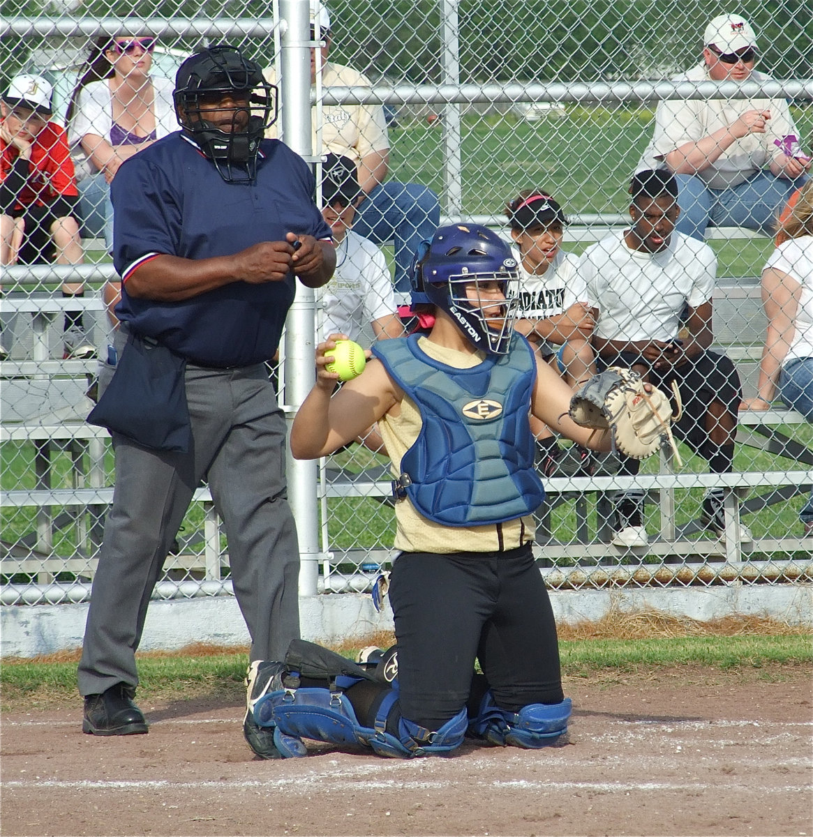 Image: Richards at work — Lady Gladiator catcher Alyssa “Bone Crusher” Richards earned the nickname a while back when a runner coming home slid into Richards and broke a bone.