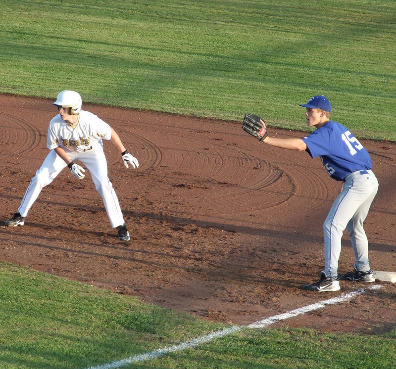 Image: Campbell gets ready to steal — Colton Campbell edges a little off first base and works his way to second on Friday night.  The Gladiators played a district game against the Frost Polar Bears and added another mark in the win column.  The Gladiators are 5-0.