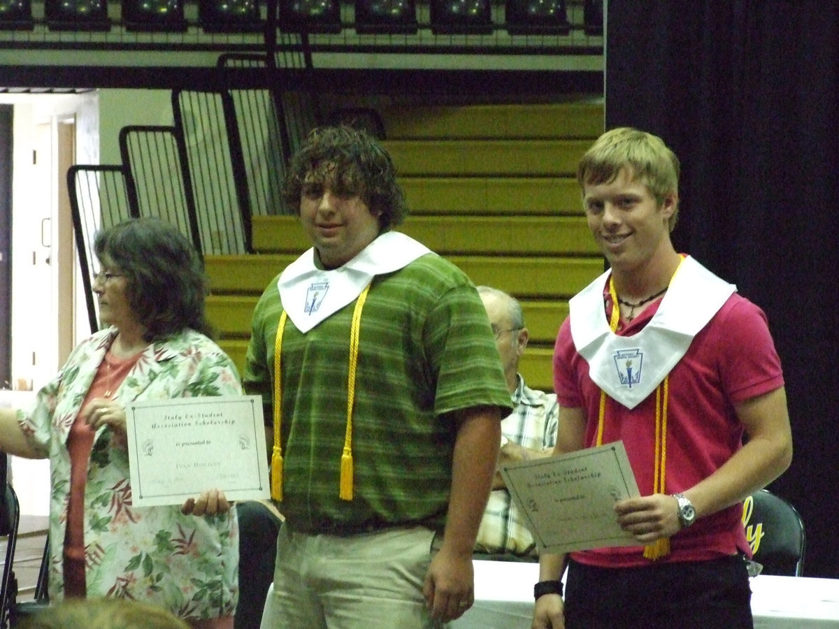 Image: Italy Ex-Student Association — Karen Mathiowetz represented the Italy Ex-Student Association and presented two scholarships.  Ivan Roldan and Josh Milligan were the proud recipients.