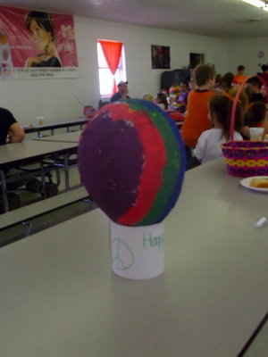 Image: Easter Egg Table Decorations — All the decorations on the table were created by the junior high students.