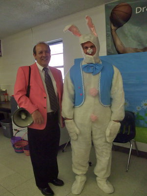 Image: David DelBosque &amp; The Easter Bunny — The Easter Bunny is Jody Tennery, the assistant principal of Avalon ISD.