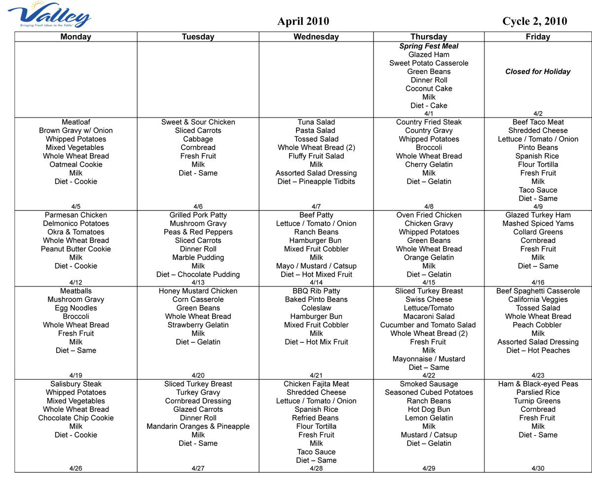 Image: April Meal Calendar