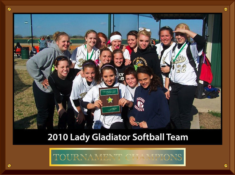 Image: Lady Gladiators earn 1st Place in Kerens softball tournament  — Members of the 2010 Lady Gladiators Softball Team pictured above are: Front row: Alyssa Richards (holding plaque), Meredith Brummett and Anna Viers Middle row: Drew Windham, Morgan Cockerham, Mary Tate, Drenda Burk and Sierra Harris Back row: Julia McDaniel, Courtney Westbrook, Katie Byers, Bailey Bumpus, Breyanna Beets, Nikki Brashear and Megan Richards. Not pictured: Alma Suaste, Lupita Luna, Khadijah Davis and Sa’Kendra Norwood