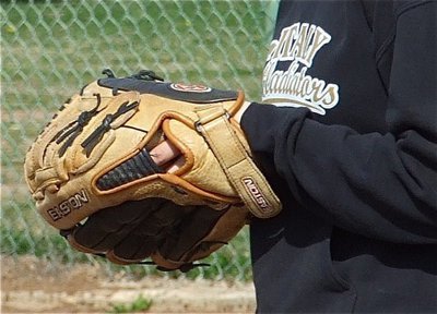 Image: Battle tested — The softball glove of pitcher Courtney Westbrook is broken in and ready for battle.