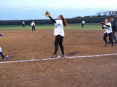 Image: Nikki has it — Junior Nikki Brashear takes care of 1st base while freshman Katie Byers backs her up.