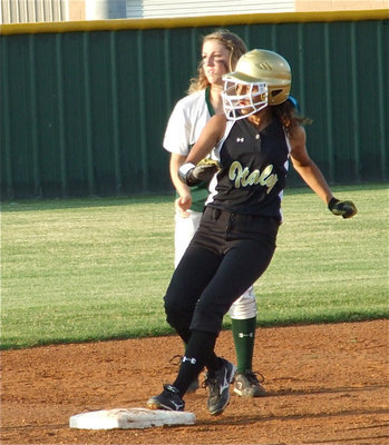 Image: Viers gets second — Anna Viers gets to second base against the Lady Tigers in game two.