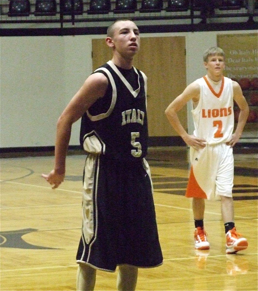 Image: Bubba answers — Italy JV Gladiator Bubba Itson(5) knocks down 4th quarter free throws to seal the deal against Teague’s Varsity team.