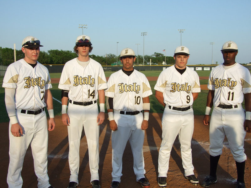Image: Seniors last stand — Glory Days?  Sure.  Honored Gladiator seniors include  (L-R) Kyle Wilkins, Colten Campbell, Taz Martinez, Ethan Simon and Jasenio Anderson.