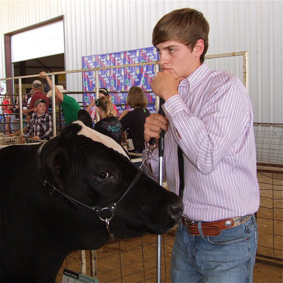 Image: The thinker — Clayton Campbell uses his show stick as a pillow and relaxes before entering the sale ring.