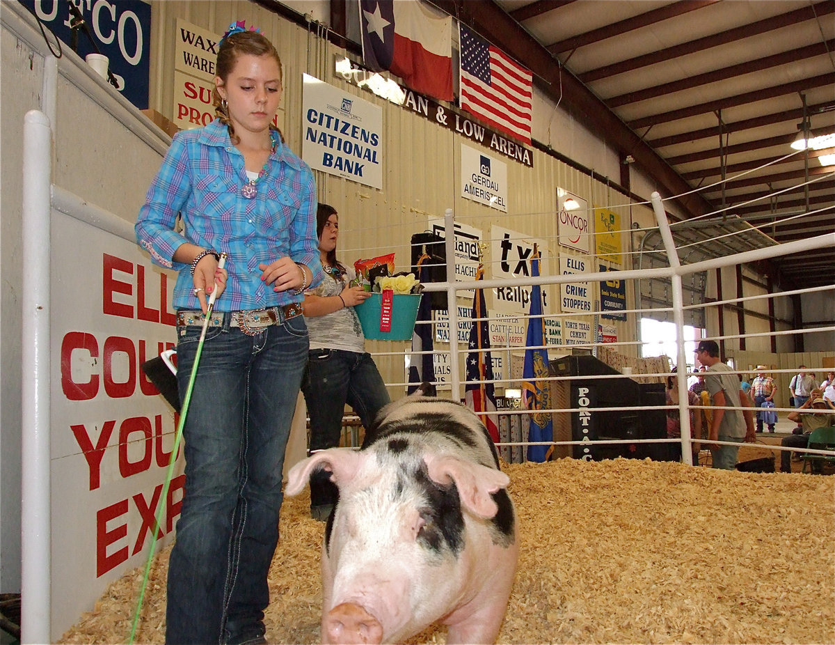 Image: Brooke DeBorde — Brooke DeBorde keeps her swine moving during the Expo sale while sister, Bailey DeBorde presents a bucket full of goodies.