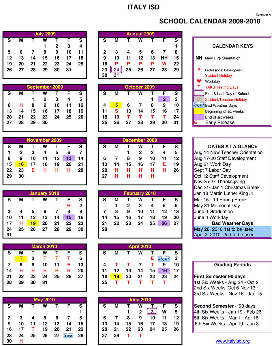 Image: 2009-2010 School Calendar – Italy ISD