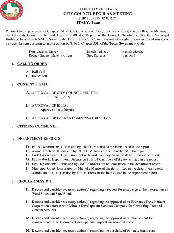 Image: Italy City Council Agenda – July 13, 2009 (Page 1)