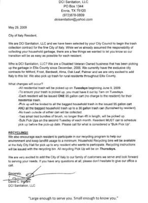 Image: Letter to residents — David Ingram, the President of DCI Sanitation, LLC, attatched this letter to the large recycling bins delivered to local residents this week.