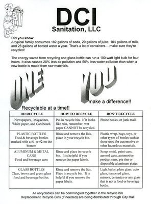 Image: Answers to questions — Copies of this flyer are being passed out with the small Recycle bins that are available at City Hall in downtown Italy. We suggest keeping the chart within easy access. The chart works by reading one row at a time, left to right.