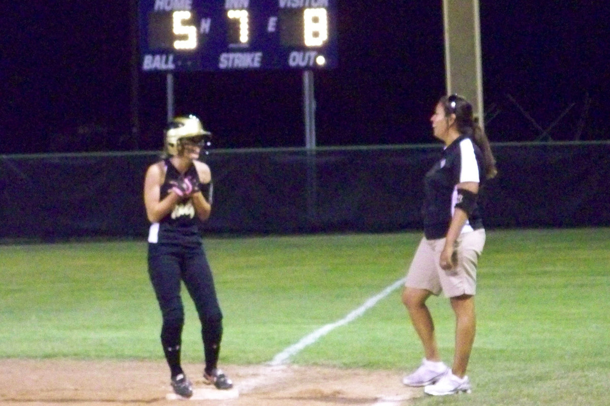 Image: Giddy! — Windham and Coach Richards are all smiles as the Lady Gladiator offensive attack begins to ramp up.