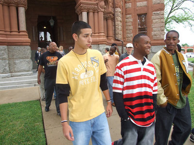 Image: The Gladiators — Oscar Gonzalez, DeAndre Sephus and Heath Clemons are already discussing next year’s goals as they exit the Waxahachie Courthouse.