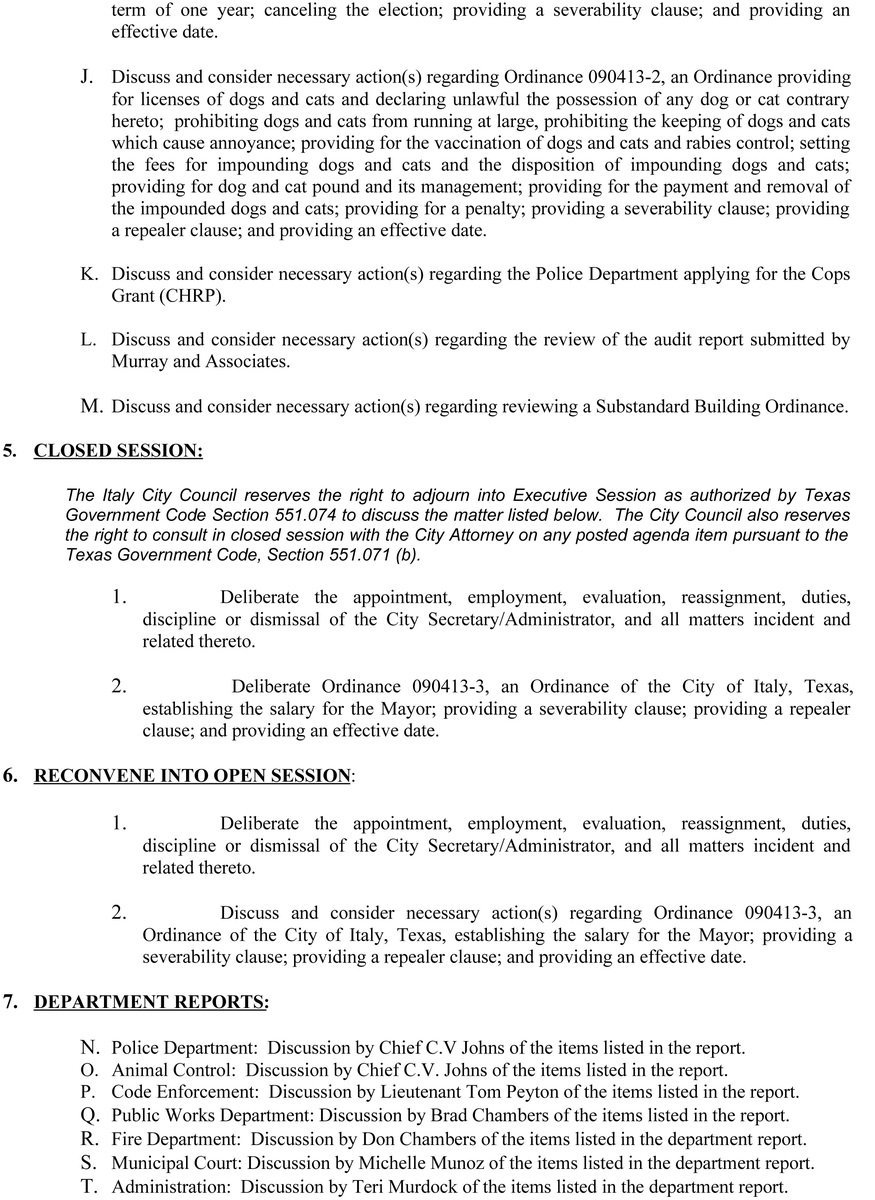 Image: Agenda Page 2 — Page 2 of the city council regular meeting schedule.