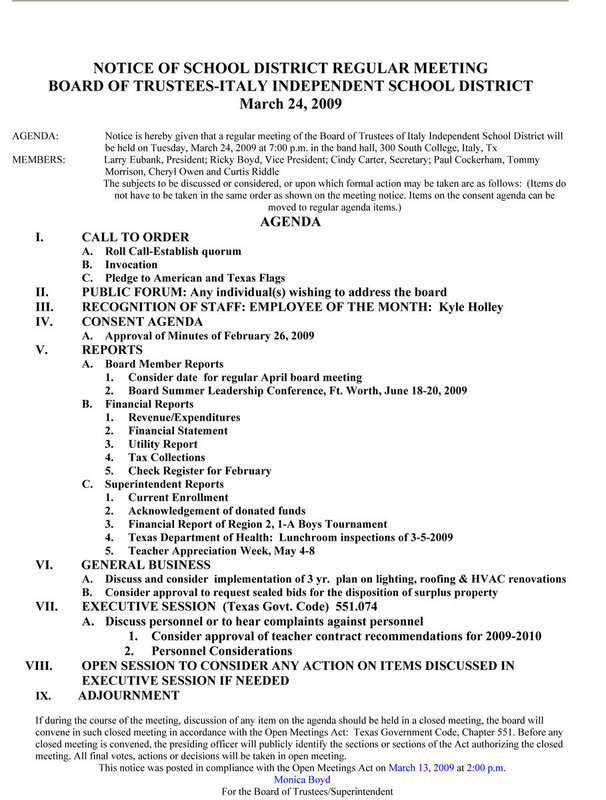 Image: Italy ISD Agenda — Agenda for Italy ISD Board of Trustees meeting for Tuesday, March 24, 2009.