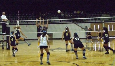 Image: Lady Eagles attempt block — Senior Becca DeMoss, gets it over the net for a score.