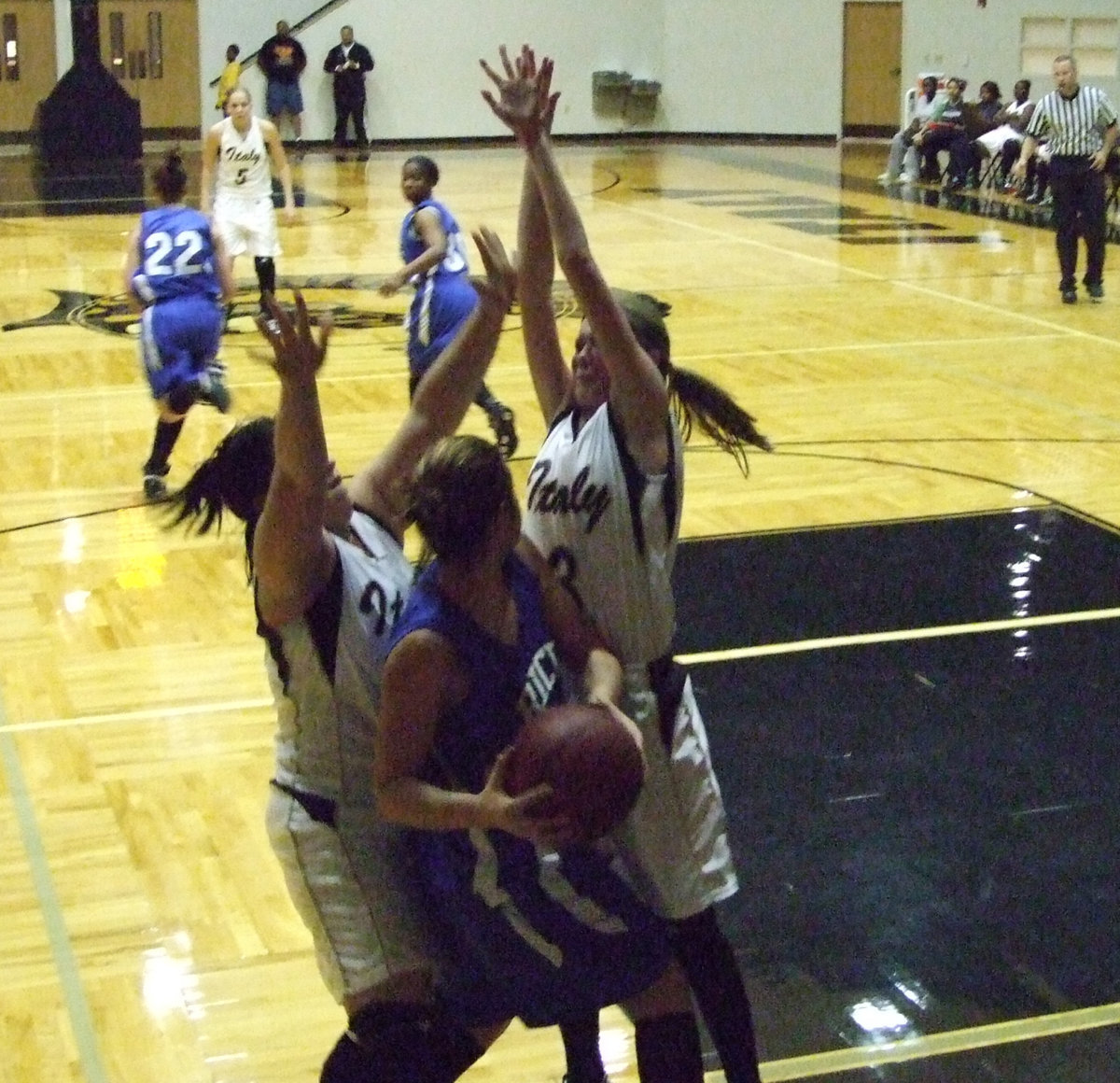 Image: The Trap — Look out, Lady Bulldog!  Blanca Figueroa and Kaitlyn Rossa trapped her in.