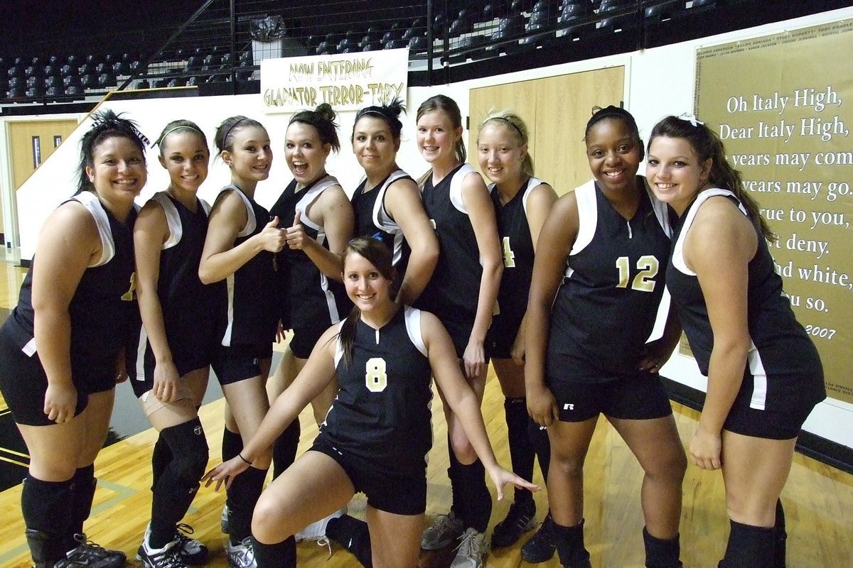 Image: Lady Gladiators defeat Frost — The Varsity ladies won the match in 5 sets against the Lady Polar Bears from Frost. (L-R) Back row:  Blanca Figueroa, Drew Windham, Annalee Lyons, Stephanie Carter, Molly Haight, Kaitlyn Rossa, Megan Richards, Jaleecia Fleming, Cori Jeffords.  Bottom row:  Angelica Garza (not pictured is Becca DeMoss)