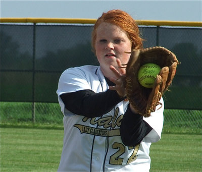 Image: Good technique — Second Baseman Katie Byers uses two hands to snag a throw.