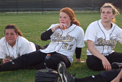Image: Nikki, Katie &amp; Casi — Nikki Brashear, Katie Byers and Casi Jeffords listen to coaches Andrea Windham and Jennifer Reeves after the game.