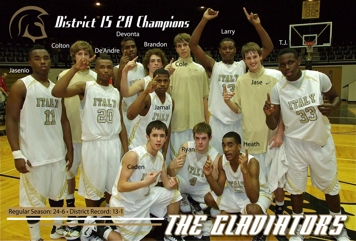 Image: The Italy Gladiators are the 2010-2011 District 15 2A Champions — Helping to seal the deal with a 74-38 win over Axtell are Jasenio Anderson, Colton Campbell, De’Andre Sephus, Devonta Simmons, Brandon Souder, Jamal Jalarnce Lewis, Cole Hopkins, Larry Mayberry, Jase Holden, T.J. Cockran, Caden Jacinto, Ryan Ashcraft and Heath Clemons.