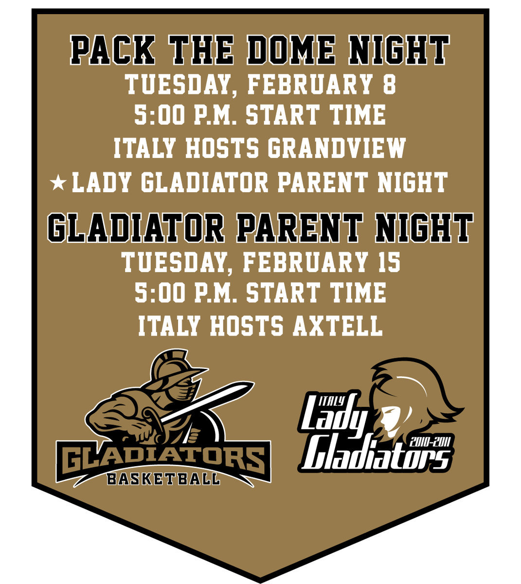 Image: Pack The Dome Night against Grandview on Tuesday, February 8 — Pack The Dome Night, honoring the current Lady Gladiators and their parents along with halftime performances by IYAA basketball teams, will be Tuesday, February 8. Gladiator Parent Night, honoring current players and their parents, is scheduled for Tuesday, February 15.