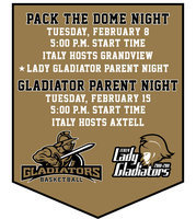 Image: Pack The Dome Night against Grandview on Tuesday, February 8 — Pack The Dome Night, honoring the current Lady Gladiators and their parents along with halftime performances by IYAA basketball teams, will be Tuesday, February 8. Gladiator Parent Night, honoring current players and their parents, is scheduled for Tuesday, February 15.