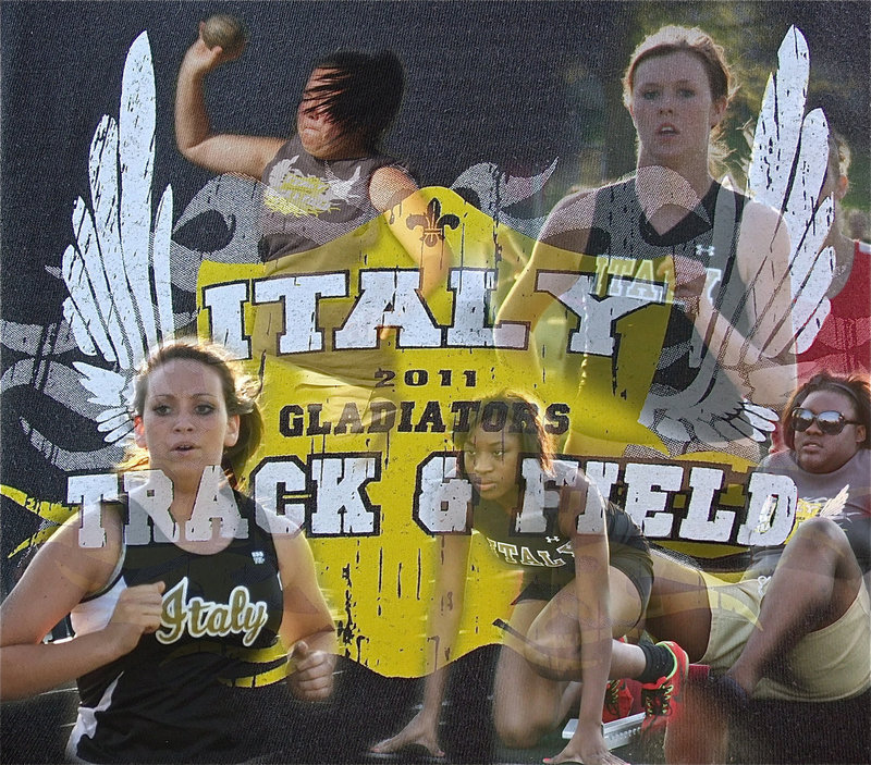 Image: I can fly: Italy Girls’ Track &amp; Field soars high in Grandview — The Lady Gladiators pictured above are: Left corner Breyanna Beets competes in the 800 meter run. Right corner Jimesha Reed holds the block for Jameka Copeland during the 100 meter dash. Top left Nikki Brashear places second in the shot put. Top right Kaitlyn Rossa leads the pack in the varsity girls 800 meter run.